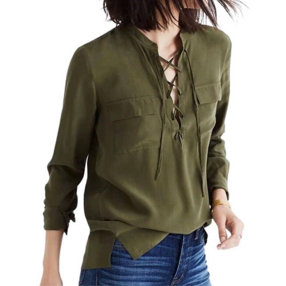 Madewell Terrace Lace Up Shirt Top Blouse Green Size XXS